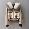 Women Real Fur Bomber Jacket Genuine Sheepskin with Fox Fur Collar