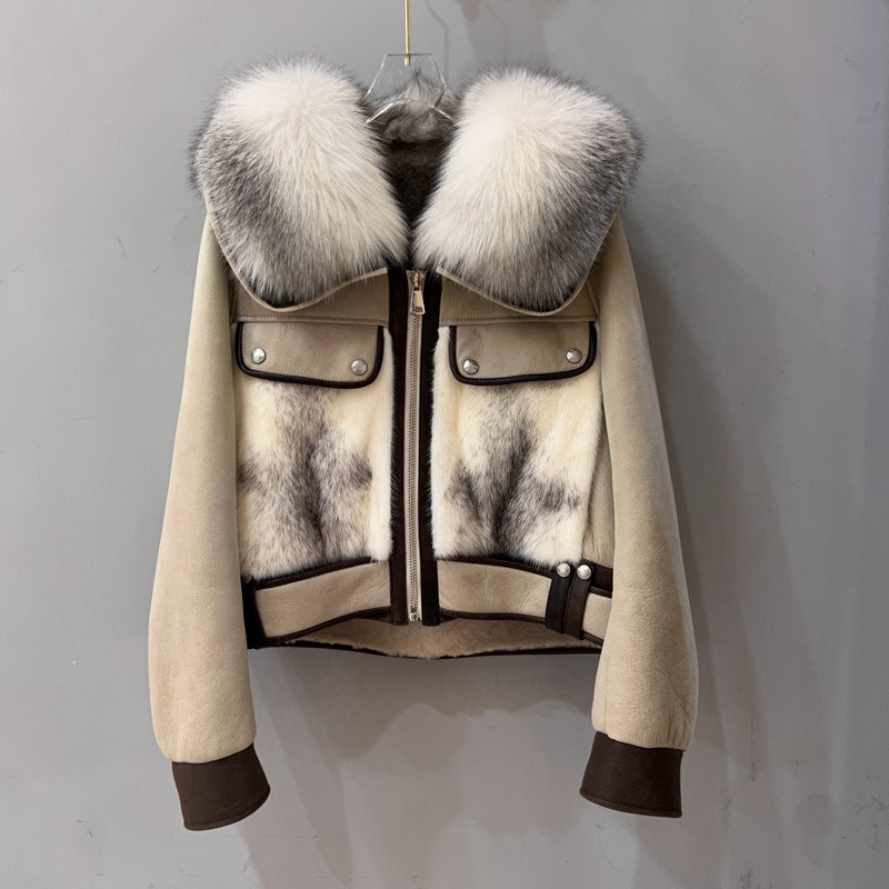 Women Real Fur Bomber Jacket Genuine Sheepskin with Fox Fur Collar