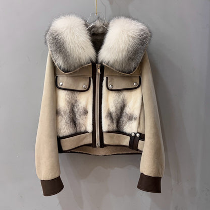 Women Real Fur Bomber Jacket Genuine Sheepskin with Fox Fur Collar