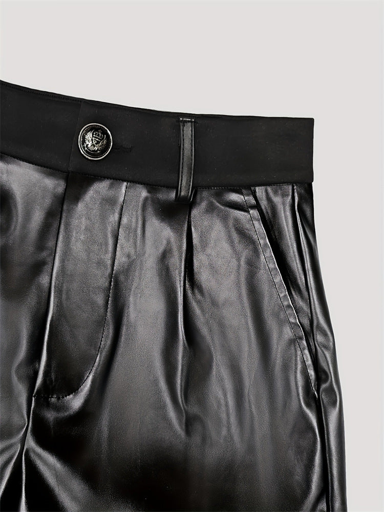 Black Faux Leather High Waisted Shorts for Women with Folded Hem