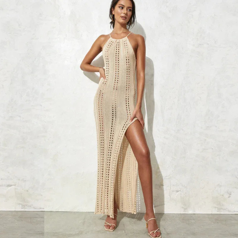 Women halter backless knit slit maxi dress