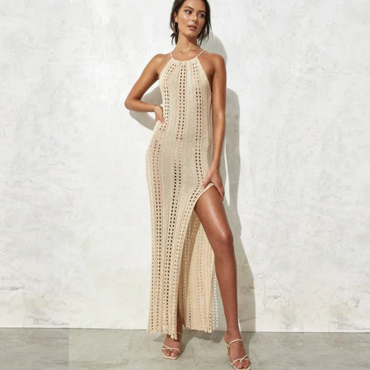 Women halter backless knit slit maxi dress