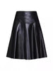 High Waist Leather Midi Skirt Black Swing A-Line Skirt
