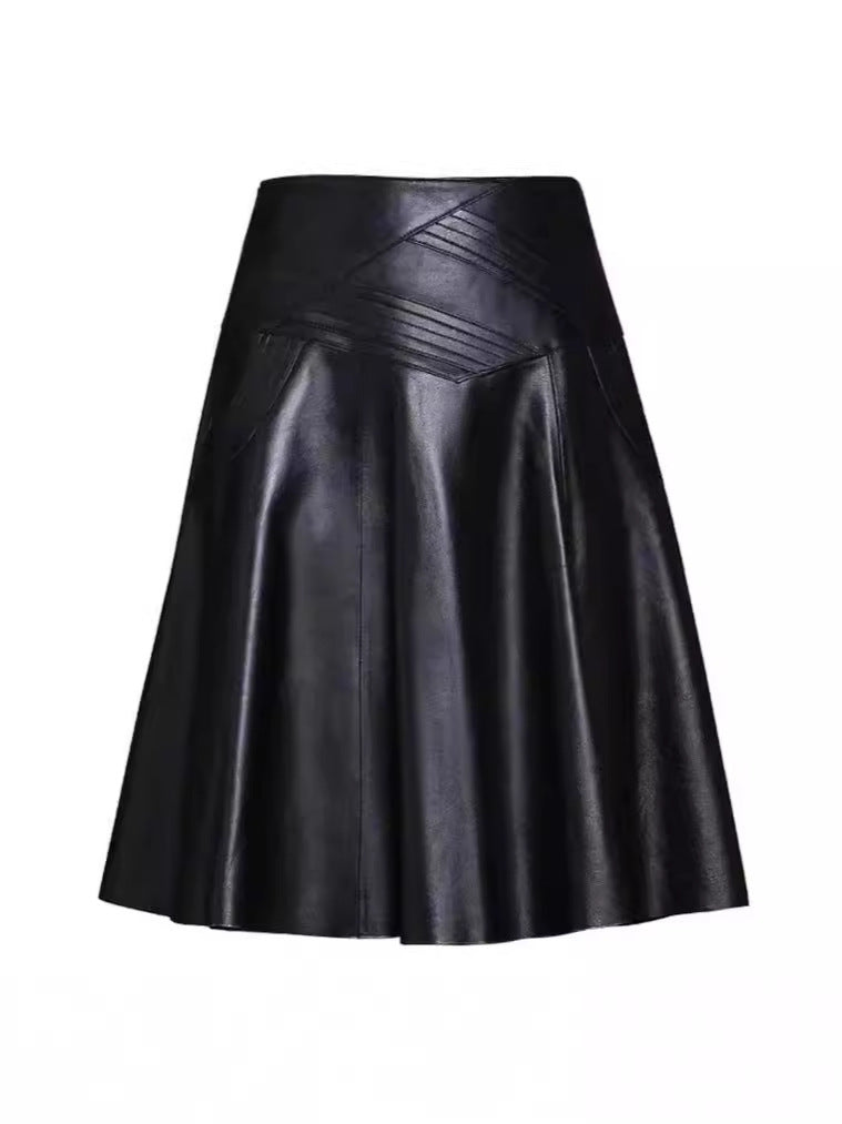 High Waist Leather Midi Skirt Black Swing A-Line Skirt