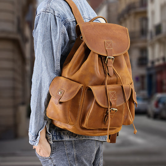 brown real leather backpack men