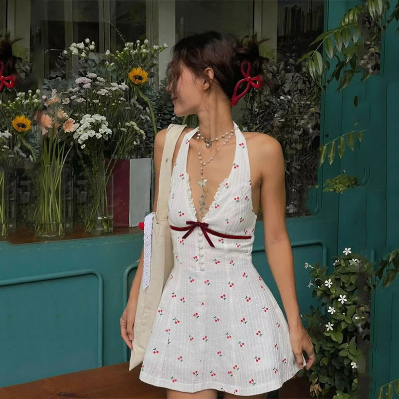 Women's cherry halter neck dress with bow detail
