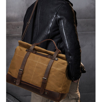 Canvas Shoulder Bag with Top-Grain Cowhide Leather