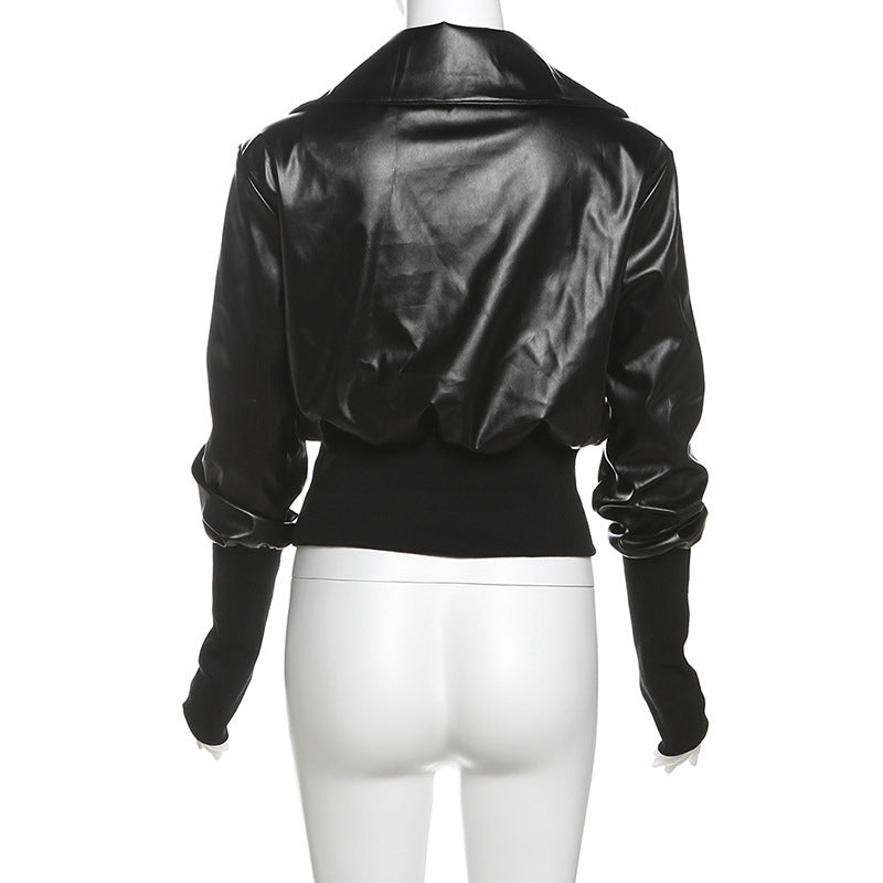 Cropped Faux Leather Bomber Jacket for Women