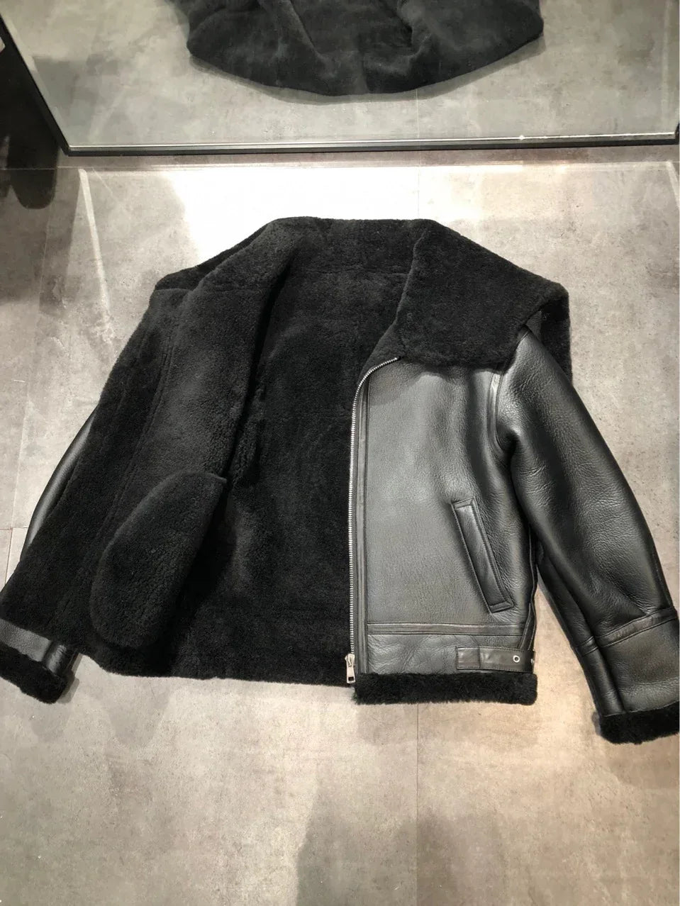 Women’s Black Leather Bomber Jacket with Fur Collar