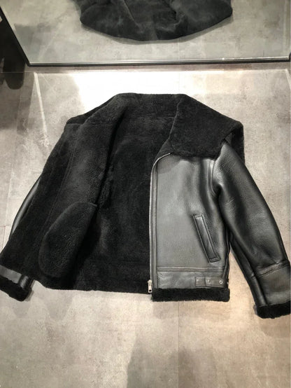 Women’s Black Leather Bomber Jacket with Fur Collar