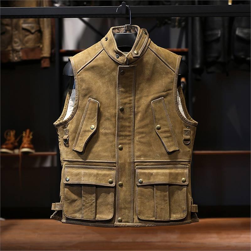 Men genuine cowhide biker leather vest 1 M