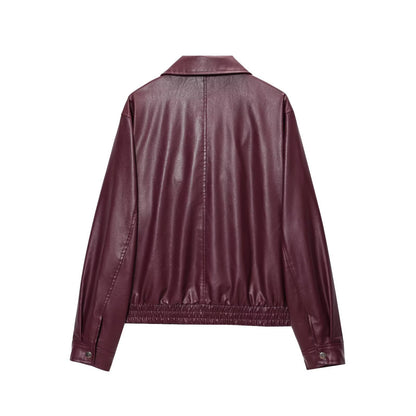 Women Faux Leather Wide Lapel Bomber Jacket