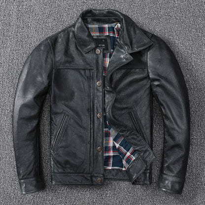 Black Leather Jacket Men Slim Fit Biker Oil Wax Vintage Style