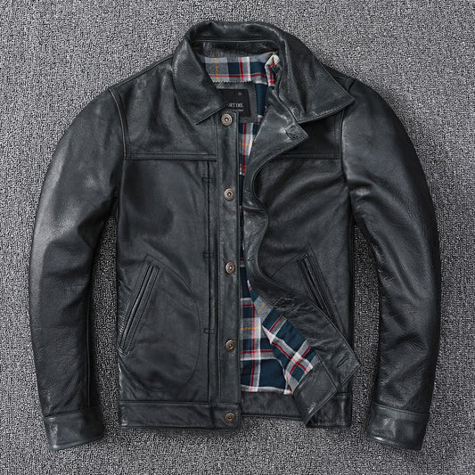 Black Leather Jacket Men Slim Fit Biker Oil Wax Vintage Style