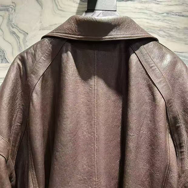 Women Brown Genuine Leather Trench Coat Retro Motorcycle