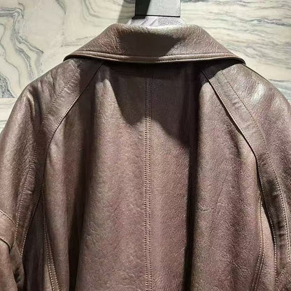 Women Brown Genuine Leather Trench Coat Retro Motorcycle
