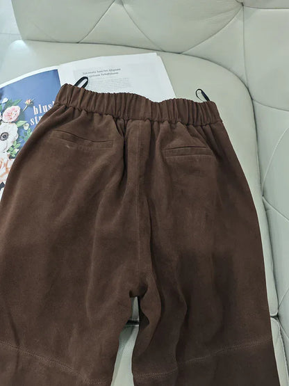 Women Suede Harem Pants High Rise Sheepskin Trousers