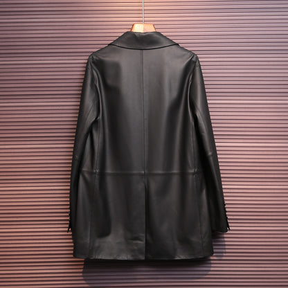 Black genuine leather women blazer jacket