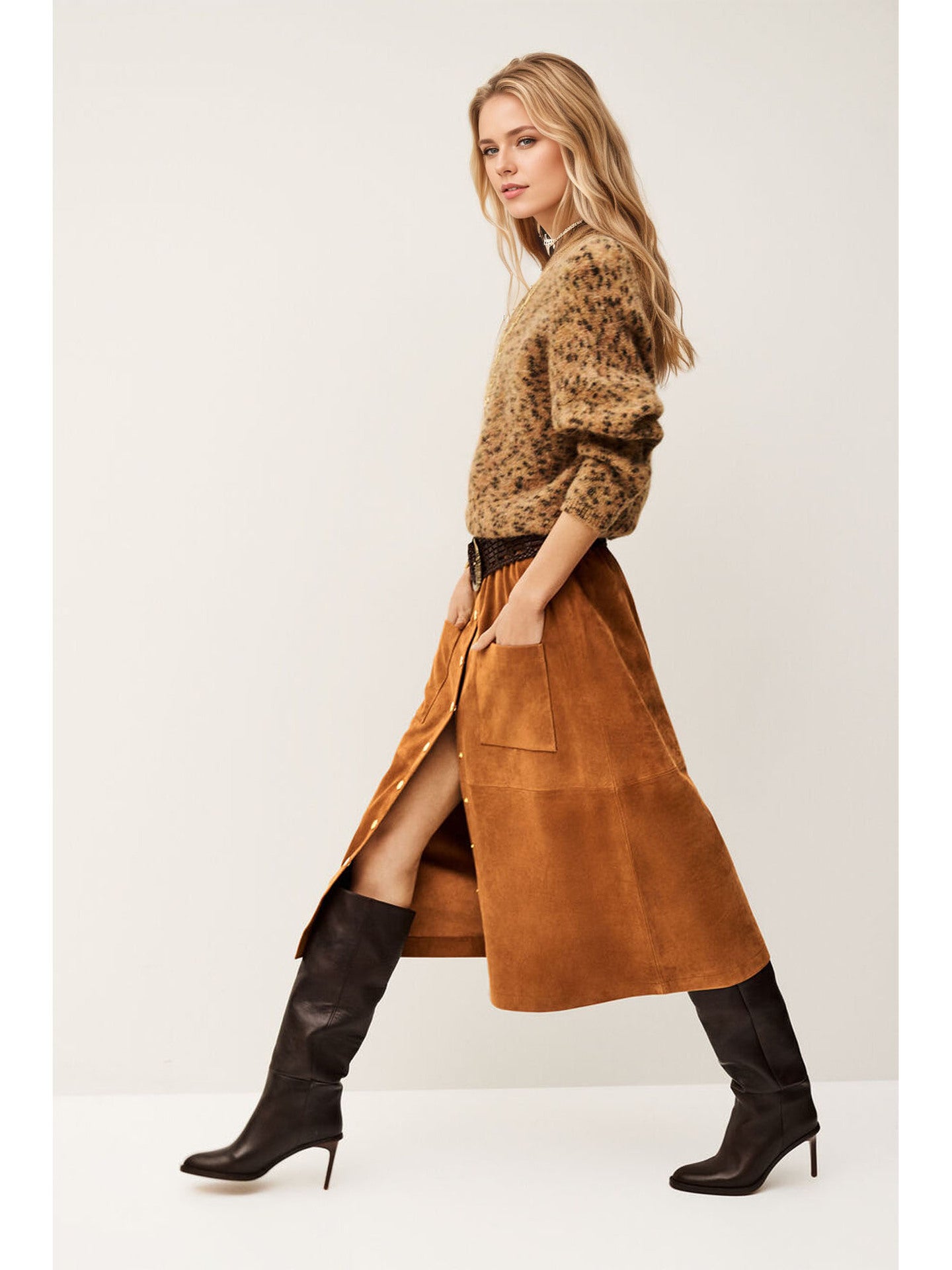 Corduroy Midi Skirt High Waist Button Front Brown A-Line