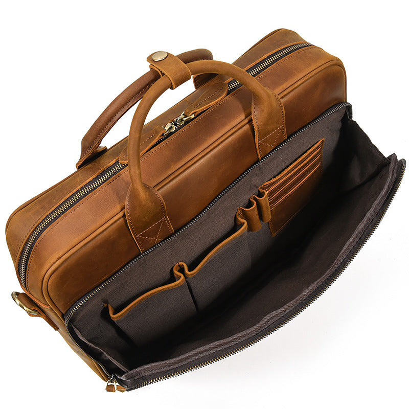 Real Leather Office Bag with Rear Trolley Strap
