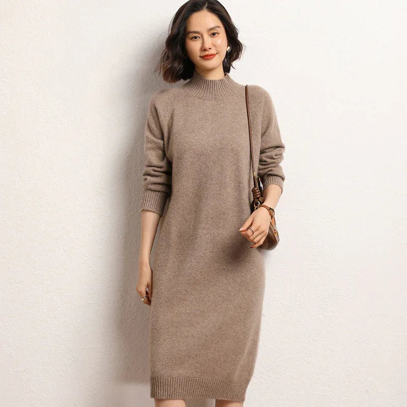 Women Cashmere Turtleneck Midi Knit Dress