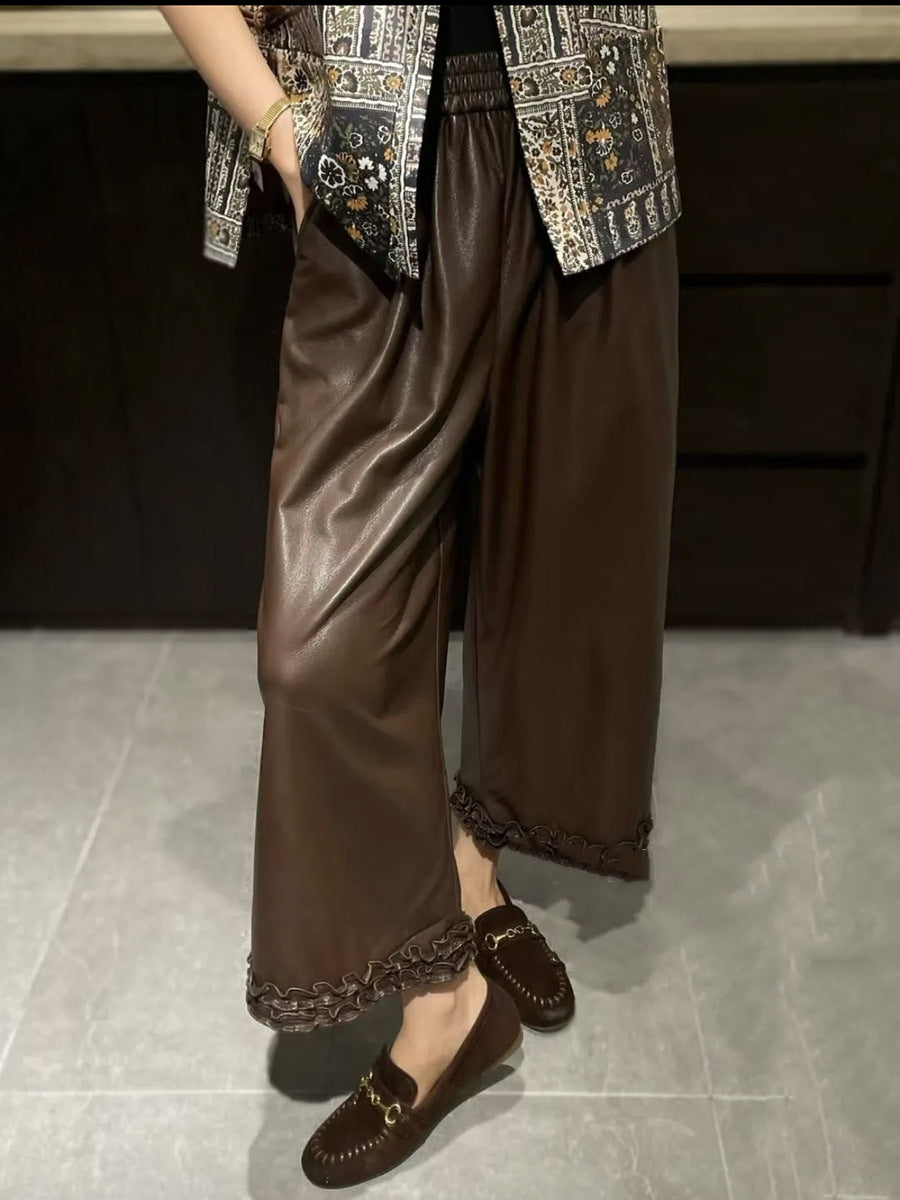 Women Wide Leg Leather Pants High Waisted Nine Point Trousers