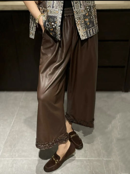 Women Wide Leg Leather Pants High Waisted Nine Point Trousers