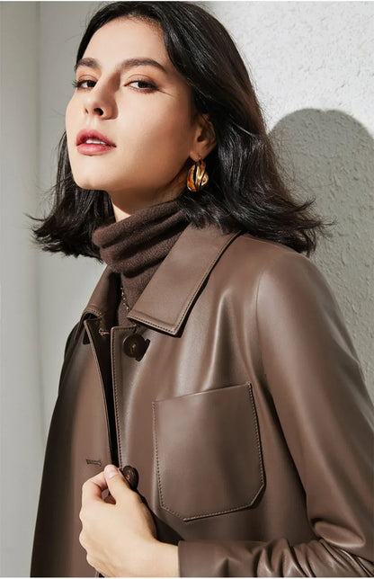 Women leather trench coat with lapel Collar