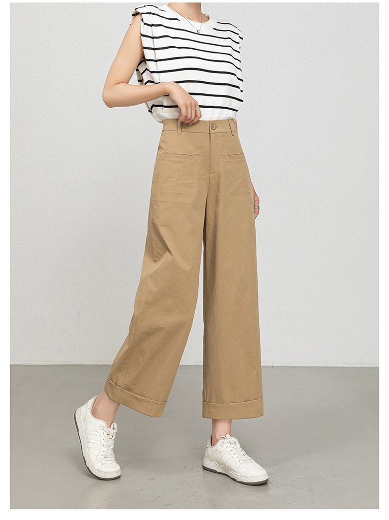 High waisted cropped pants women with rolled cuffs