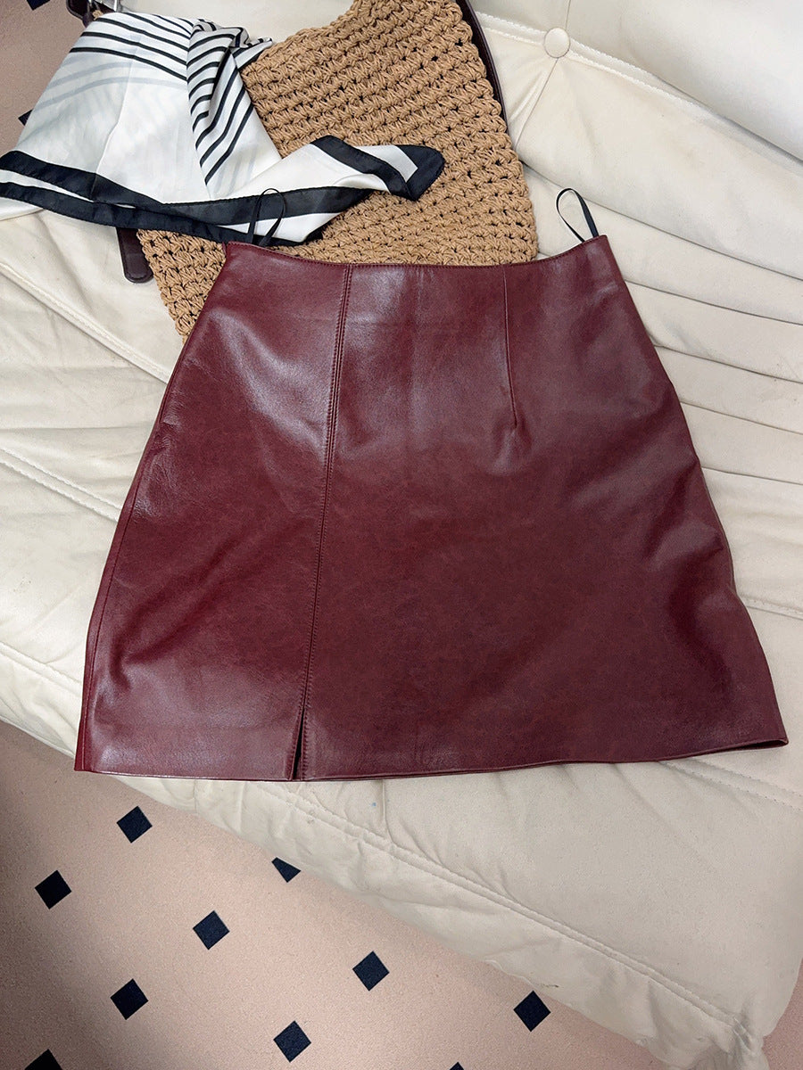 Women Leather Mini Skirt High Waist A-Line with Slit