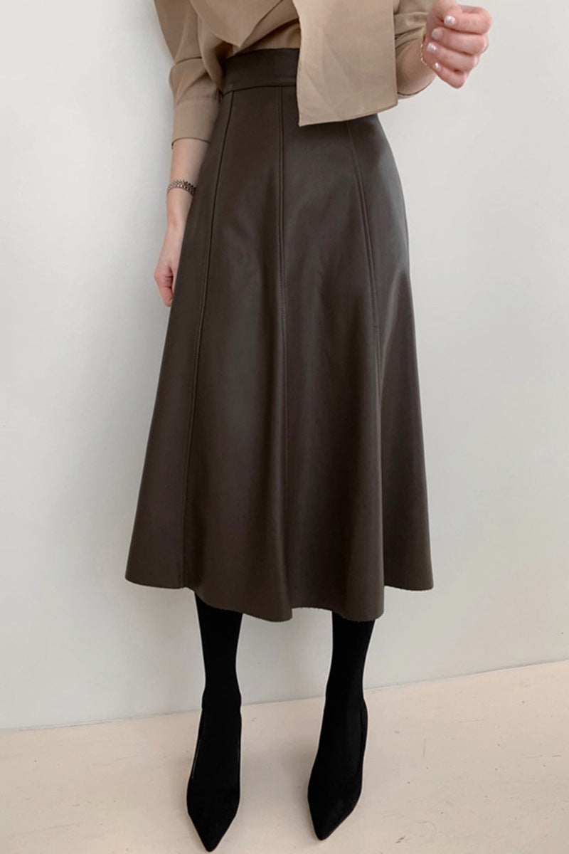 High Waisted Black Leather Midi Skirt A-Line Swing