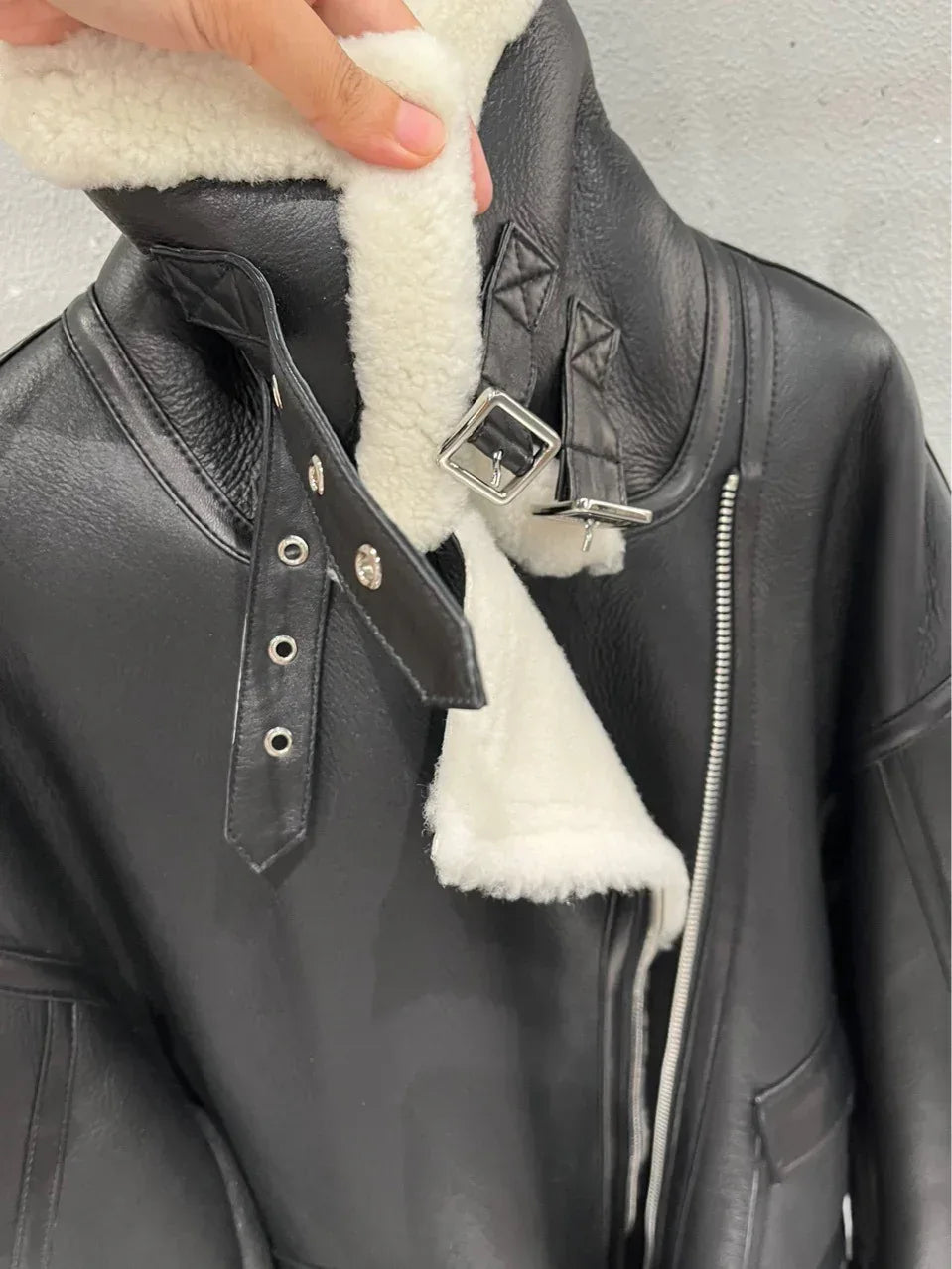 Women Genuine Leather Bomber Jacket with Real Fur