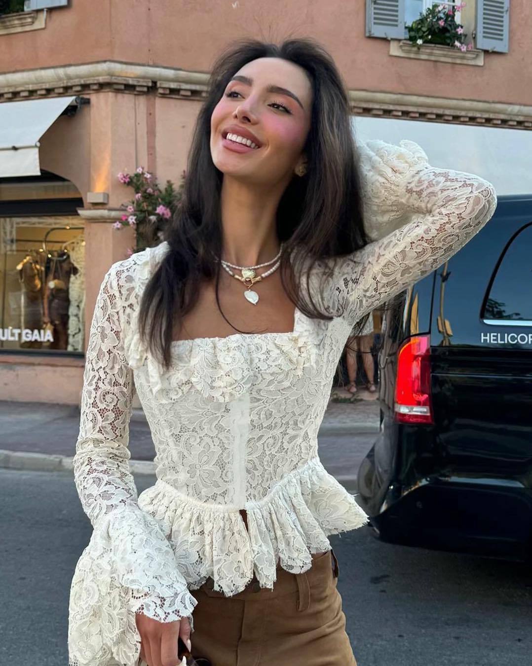 White Lace Corset Blouse Women Long Sleeve Peplum Top