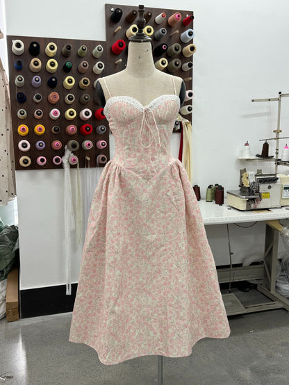 pink corset midi dress seaside vacation sleeveless flowy summer fit