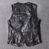 Men Leather Vest Sheepskin Black V-Neck Button Waistcoat