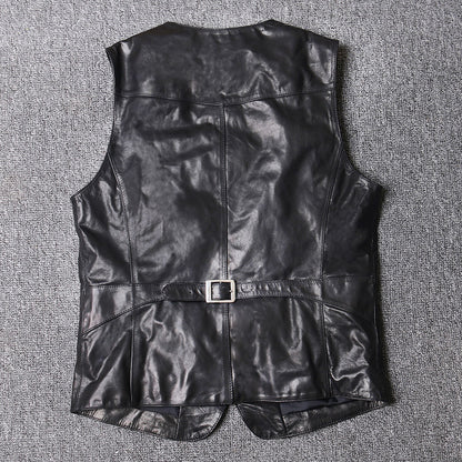 Men Leather Vest Sheepskin Black V-Neck Button Waistcoat
