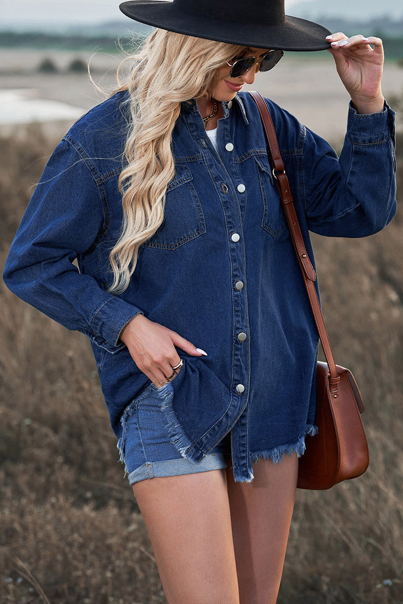 Oversized Lightweight Denim Shirt Jacket With Frayed Hem