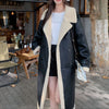 Women Black Leather Trench with Faux Shearling Lining
