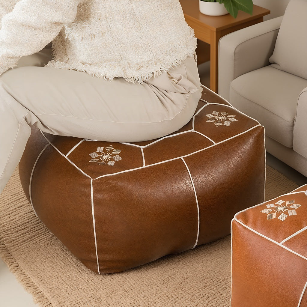 Moroccan Square Pouf Ottoman Faux Leather Floor Cushion Cover