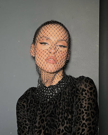 Rhinestone mesh hood women crystal net face cover festival