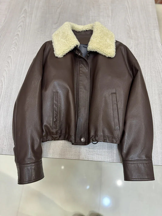 Leather bomber jacket for women with wool fur collar Brown S