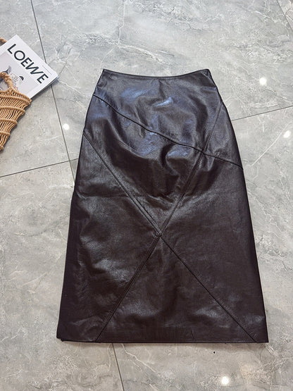 Women’s Genuine Leather High Waist Midi Skirt with Slit