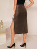 Brown Faux Leather Midi Skirt With Slit High Waist