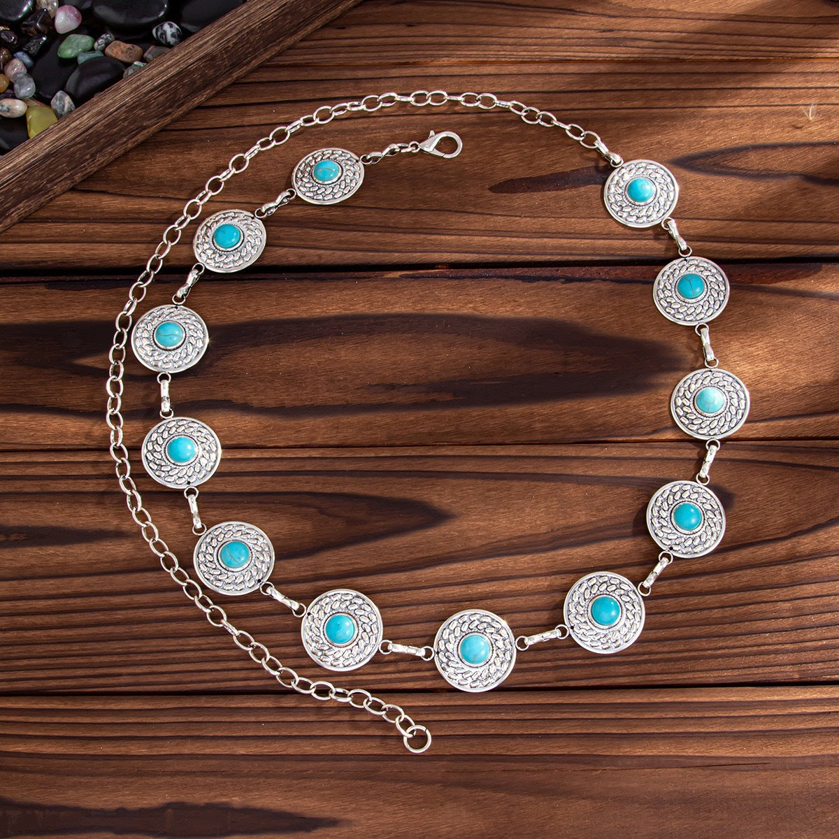 Women's Imitation Turquoise Waist Chain in Silver Tone Metal