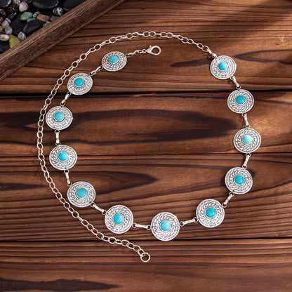 Women's Imitation Turquoise Waist Chain in Silver Tone Metal