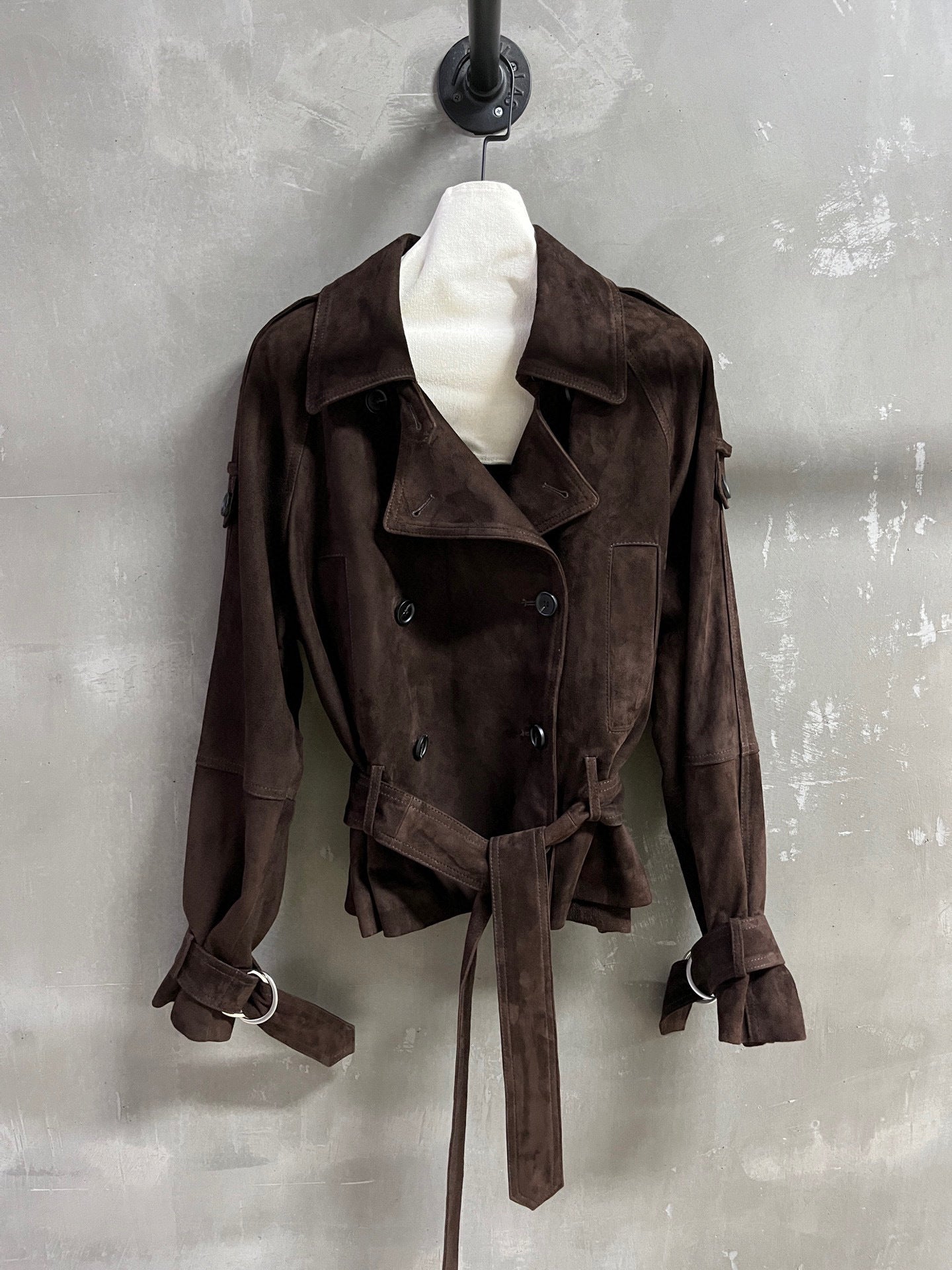 Women Suede Genuine Leather Trench Coat Jacket with Belt