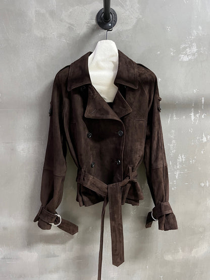Women Suede Genuine Leather Trench Coat Jacket with Belt