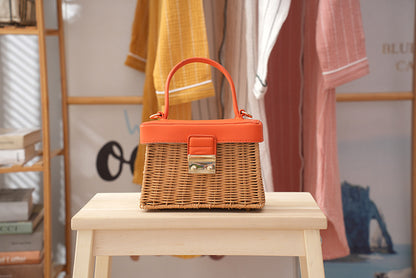 Woven Summer Handbag with Leather Handle & Lock