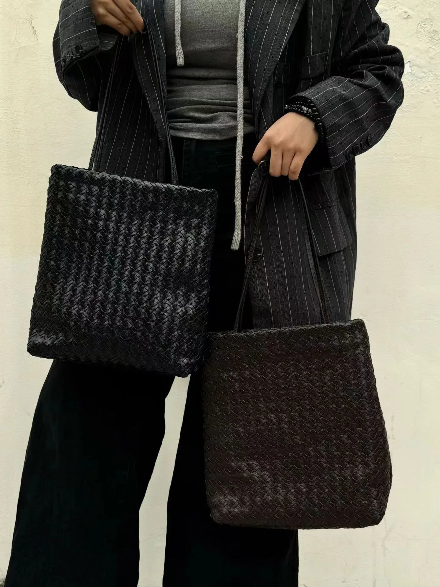 women leather woven tote bag for commuting