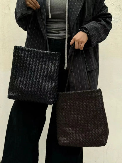 women leather woven tote bag for commuting